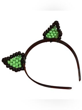 Hand Crafted Black and Lime Green Beaded Cat Ear Headband
